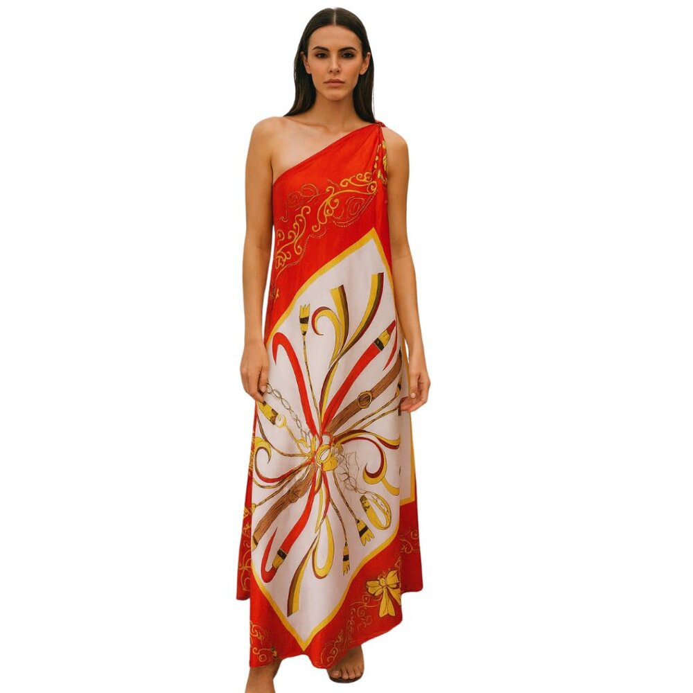 JESSICA TAYLOR Vibrant Orange and White One-Shoulder Sarong
